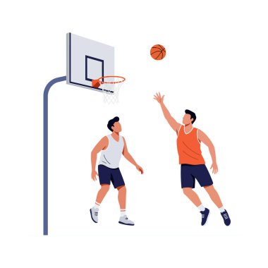 Atletik giyimli iki adam basketbol oynuyor, biri atış yaparken diğeri de engellemeye çalışıyor, enerjik ve rekabetçi bir atmosferi yakalıyor..