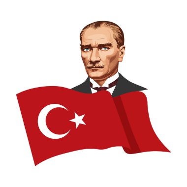 Keskin hatları ve ciddi ifadesiyle Türkiye Cumhuriyeti 'nin kurucusu Mustafa Kemal Atatürk, Türk bayrağı tarafından çerçevelenen ve gücü ve vatanseverliği simgeleyen bir güvenle ayakta duruyor..