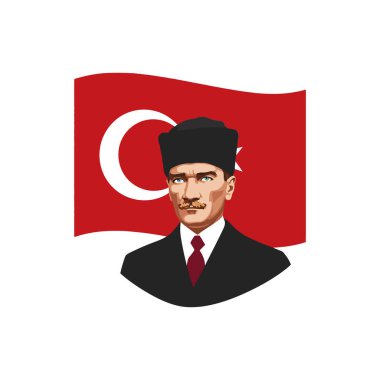 Keskin hatları ve ciddi ifadesiyle Türkiye Cumhuriyeti 'nin kurucusu Mustafa Kemal Atatürk, Türk bayrağı tarafından çerçevelenen ve gücü ve vatanseverliği simgeleyen bir güvenle ayakta duruyor..