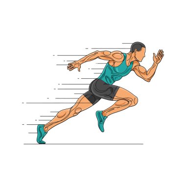 A male athlete in a teal tank and black shorts sprints energetically, demonstrating focus and determination against a minimalistic background. clipart