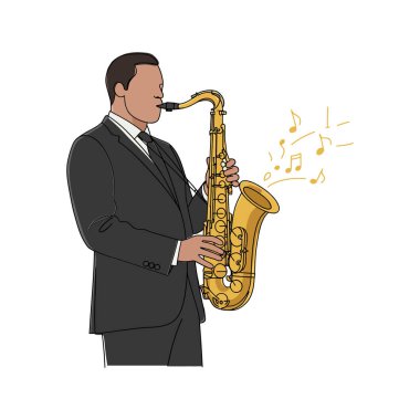 A stylish man plays a golden saxophone, exuding joy and rhythm while musical notes float around him. clipart