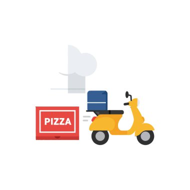 Sarı bir scooter mavi bir teslimat kutusuyla kırmızı bir pizza kutusunun yanından geçiyor. Şehir ortamında fast food dağıtımını simgeliyor..