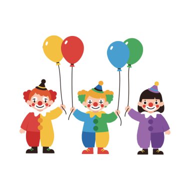 Üç palyaço neşeyle renkli balonlar tutuyor..