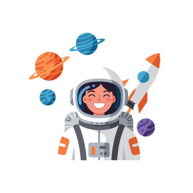 Astronot, canlı gezegenler ve roketlerle çevriliyken gülümser..