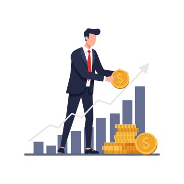 Grafik yükselirken işadamı madeni para ekler.