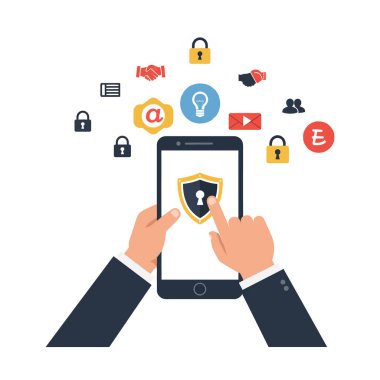 Akıllı telefon ekranından yukarıdaki çeşitli güvenlik simgelerine geçiş