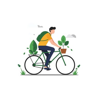 Çevresi yeşilliklerle çevrili bir saksı bitkisini taşıyan bisikletçi pedallar doğayla uyum içinde hareket ediyor..