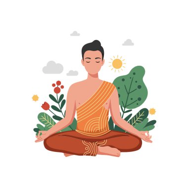 Genç bir adam, renkli bitkiler ve yumuşak bulutlar arasında meditasyonda bağdaş kurarak huzur ve huzur içinde oturur..