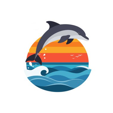 Dolphin leaps above waves with a colorful sunset background. clipart