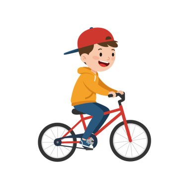 Çocuk sevinçle bisikletle öne doğru pedal çeviriyor..