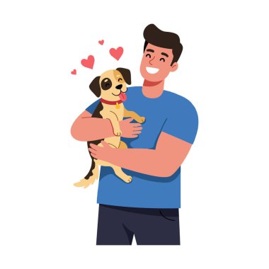 Neşeli bir adam, yüzen kalplerle çevrili neşeli bir köpeği kucaklarken, sıcaklığı ve şefkati iletirken geniş bir gülümseme sergiliyor..