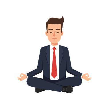 Donanma takımlı ve kırmızı kravatlı bir işadamı bağdaş kurmuş, sakin bir ifadeyle meditasyon yapıyor, sükuneti ve odaklanmayı somutlaştırıyor..