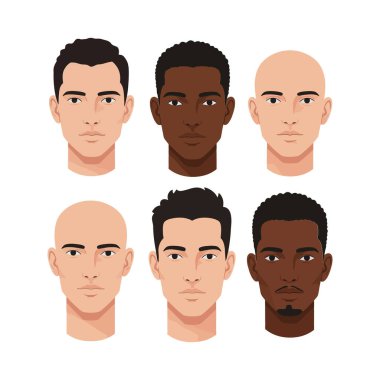 Altı erkek yüz, minimalist bir vektör illüstrasyonunda çeşitliliği ve bireyselliği vurgulayarak farklı saç şekilleri ve ten renkleri sergiler..
