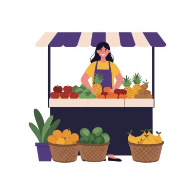 Neşeli bir kadın, renkli meyve ve sebze sepetleriyle çevrili bir market tezgahının arkasında duruyor, canlı bir pazar atmosferi sergiliyor..