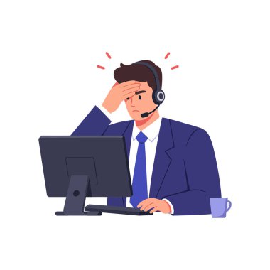 Kulaklık takan takım elbiseli profesyonel bir adam, etrafında kahve fincanı olan bilgisayar masasında çalışırken hayal kırıklığı yaşıyor..