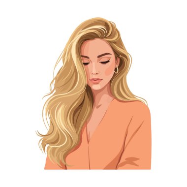 Uzun sarı saçlı genç bir kadın düşünceli bir şekilde aşağıya bakıyor, sakin ve içten içe minimalist bir hava yayıyor..
