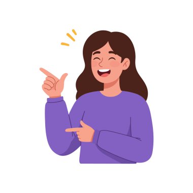 Kahverengi saçlı mutlu bir genç kadın yan tarafı gösterirken geniş bir gülümseme sergiliyor, minimalist bir tasarım içinde coşku ve pozitiflik taşıyor..