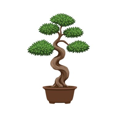 Kıvrımlı gövdesi ve canlı yeşil yaprakları olan stilize bir bonsai ağacı basit kahverengi bir tencerede serpilmiş, sükunet yayıyor..