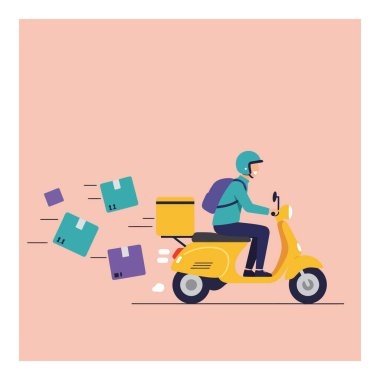 Kask takan bir teslimatçı, arkasında renkli paketler taşıyan sarı bir scooter 'a biner ve aciliyet ve verimlilik hissi taşır..