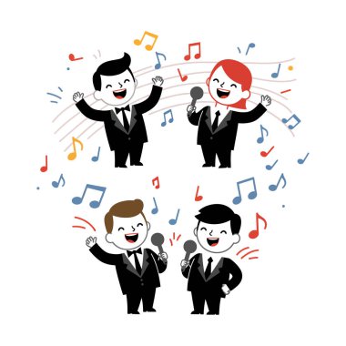 Four animated singers in suits joyfully perform with microphones, surrounded by colorful musical notes, creating a vibrant and festive atmosphere. clipart