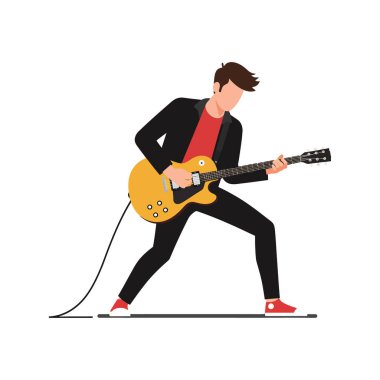 Siyah ceketli genç bir adam enerjik bir şekilde sarı bir elektro gitar çalar, canlı ve dinamik bir atmosfer yayar..