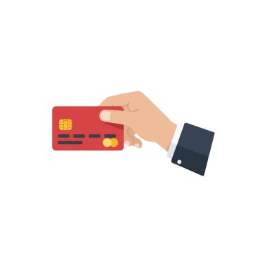 İyi giyimli bir el, ticari ve finansal işlemleri simgeleyen kırmızı bir kredi kartı uzatır..