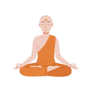 Huzur ve sükunet dolu bir aura ile çevrili, sakin ve odaklanmış bir şekilde bacak bacak bacak üstüne atmış bir keşiş oturuyor..