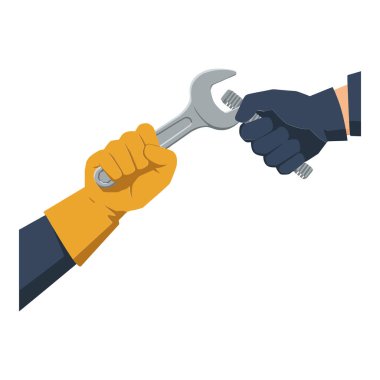 İki el, bir sarı eldivenli ve bir mavi eldivenli, gümüş anahtarı kavrıyor, mekanik bağlamda takım çalışmasını ve işbirliğini sembolize ediyor..
