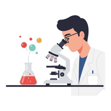 Laboratuvar önlüğü giymiş odaklanmış bir bilim adamı mikroskop altında renkli test tüpleriyle çevrili bir örneği analiz eder..