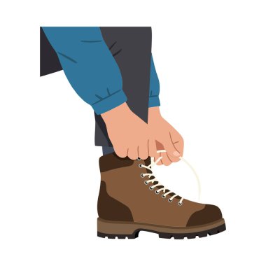 A person kneels, fastening laces on sturdy brown boots, showcasing focus and preparation for an outdoor adventure. clipart