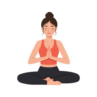 Bir kadın yoga pozisyonunda bacak bacak bacak üstüne atmış, elleri dua pozisyonunda, sükunet ve farkındalık saçan minimalist bir tasarımla oturuyor..