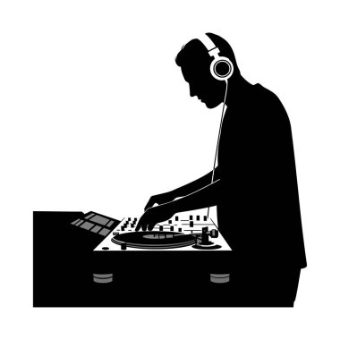 Kulaklık takan bir DJ, müziği bir döner tablada ustaca karıştırır. Minimalist bir tasarımda enerji ve tutku yayar..