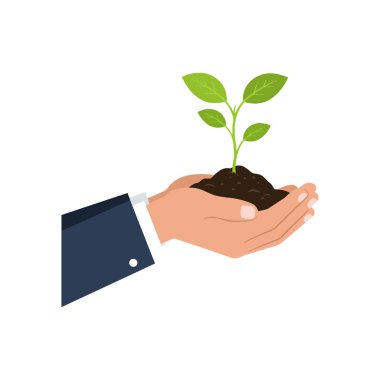 Bir insan eli zengin toprakta genç bir yeşil bitkiyi destekler, minimalist bir dizaynın büyüme ve bakımını sembolize eder..