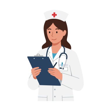 Bir hemşire kendine güvenerek durur, bir not panosundaki notları inceler, klinik ortamda profesyonellik ve bakım yayar..