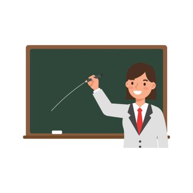 Takım elbiseli gülümseyen bir öğretmen tahtayı işaret ederek öğrenciler için davetkar ve eğitici bir ortam yaratıyor..