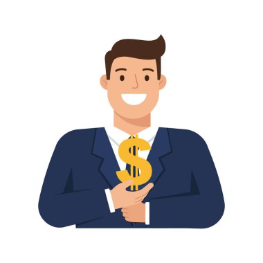 Koyu renk takım elbiseli gülümseyen bir işadamı, göğsüne yakın bir altın dolar sembolü tutar, güven ve başarı yayar..