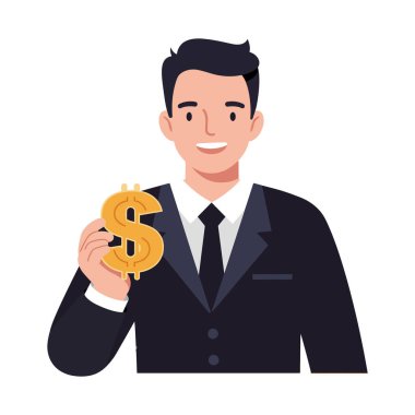 Siyah takım elbiseli gülümseyen bir işadamı altın dolar işareti taşıyor. Profesyonel bir ortamda güven ve başarı yayıyor..