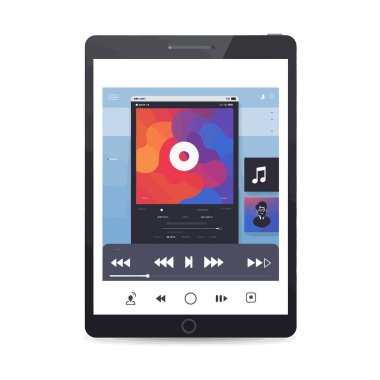 Tablet aygıtı temiz bir düzende renkli albüm sanatı ve çalma düğmeleri ile bir müzik çalar arayüzü gösterir. Dijital ve modern ruh hali.
