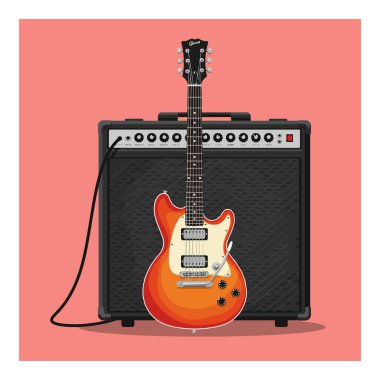 Elektro gitar mercan arka planına bağlı kabloyla amplifikatörün önünde duruyor, parlak renklerde müzik ekipmanları sergiliyor. Neşeli ruh hali.