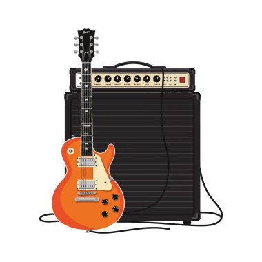 İllüstrasyon, siyah bir amplifikatöre yaslanmış turuncu bir elektro gitarın temiz bir şekilde bağlı olduğunu gösteriyor, yaratıcılık ve enerji uyandırıyor..