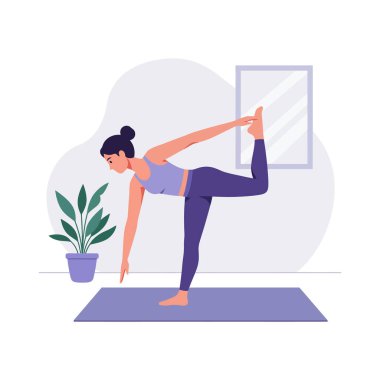 Bir bacağının üzerinde duran bir kadın yoga yaparak bitki ve aynanın yanında durarak sakin ve odaklanmış atmosfer yaratıyor..