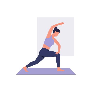 Kadın, minimalist bir tarzda mor yoga minderinin üzerinde hareketli bir hareket sergiliyor, fitness ve sakinlik havasını teşvik ediyor..