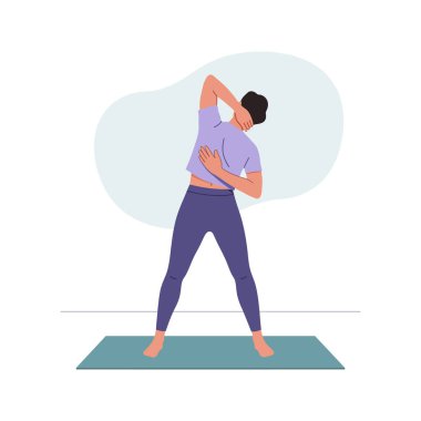 Yoga minderinde gerinen bir adamın tasviri, sakin bir ortamda fitness ve esnekliği teşvik ediyor. Rahatlamış ruh hali.