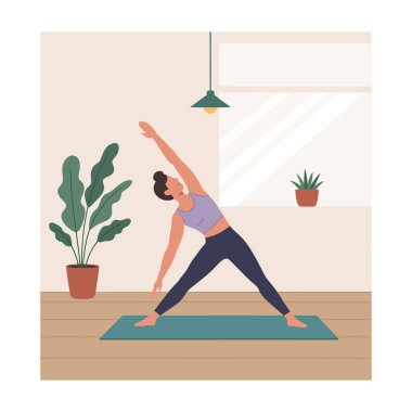 Kadın, yeşil bitkilerle ve ahşap zeminle parlak oturma odasında yoga yapıyor. Sakin ve huzurlu bir atmosfer yaratıyor..