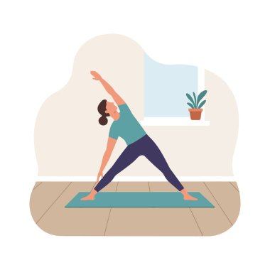 Kadın, bir saksı bitkisi ile kapalı bir odada yoga pozu veriyor, sakin ve basit bir ortamda odaklanıyor..