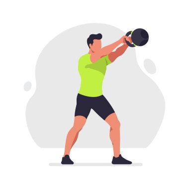 Bu vektör illüstrasyonu, yeşil ve siyah spor giyerek hareket hâlinde olan kuvvet ve uygunluğu gösteren bir adamın kettlebell ile egzersiz yaptığını gösteriyor. Enerjik ruh hali.