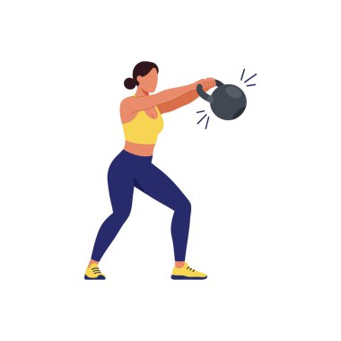 Odaklanmış fitness antrenmanında kettlebell salıncak egzersizi yapan bir kadın. Enerjik ve dinamik ruh hali.