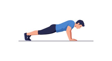 İllülasyon, bir adamın tahta pozisyonda mavi gömlek ve siyah şort giyip şınav çektiğini gösteriyor. Fitness aktivite konsepti, sakin bir ruh hali..
