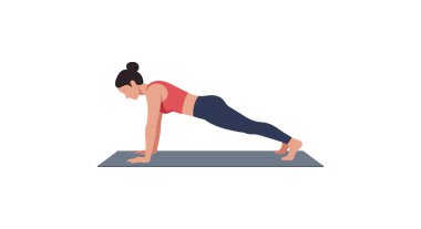 İllüzyon, bir kadının yoga minderinde kalas egzersizi yaptığını gösteriyor. Spor rutininin bir parçası olarak. Odaklanma ve güç aktarımı..