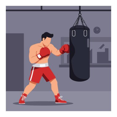Erkek boksör spor salonunun içinde asılı duran siyah bir kum torbasına yumruk atarak odaklanmış ve kararlı bir ruh hali yaratıyor..